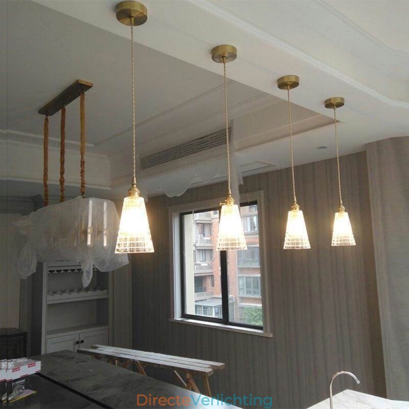 Vierkante, heldere, geribbelde glazen hanglamp van messing met draaischakelaarverlichting