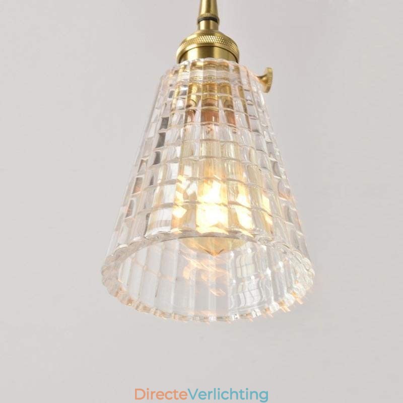Vierkante, heldere, geribbelde glazen hanglamp van messing met draaischakelaarverlichting