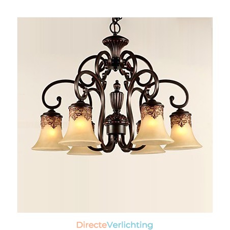 Kroonluchter Hanglamp 6 Lampenkap Naar Beneden Vintage Landelijk Metaal+Glas Kroonluchter Hanglamp 6 Lampenkap Naar Beneden Vintage Landelijk Metaal+Glas
