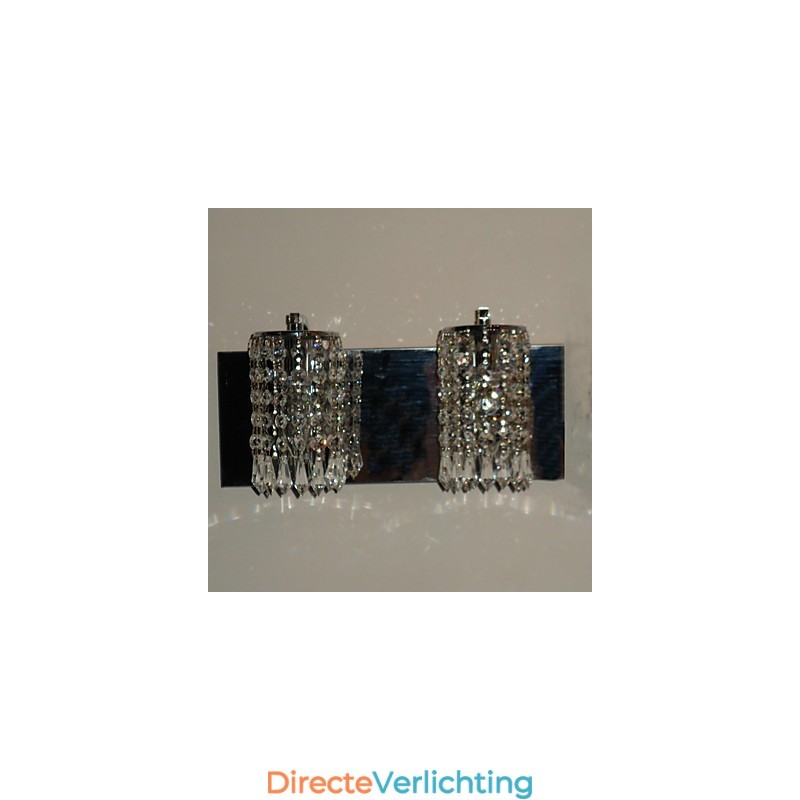 Moderne wandlamp met kristallen hangers en 2 lampen in gepolijst chroom