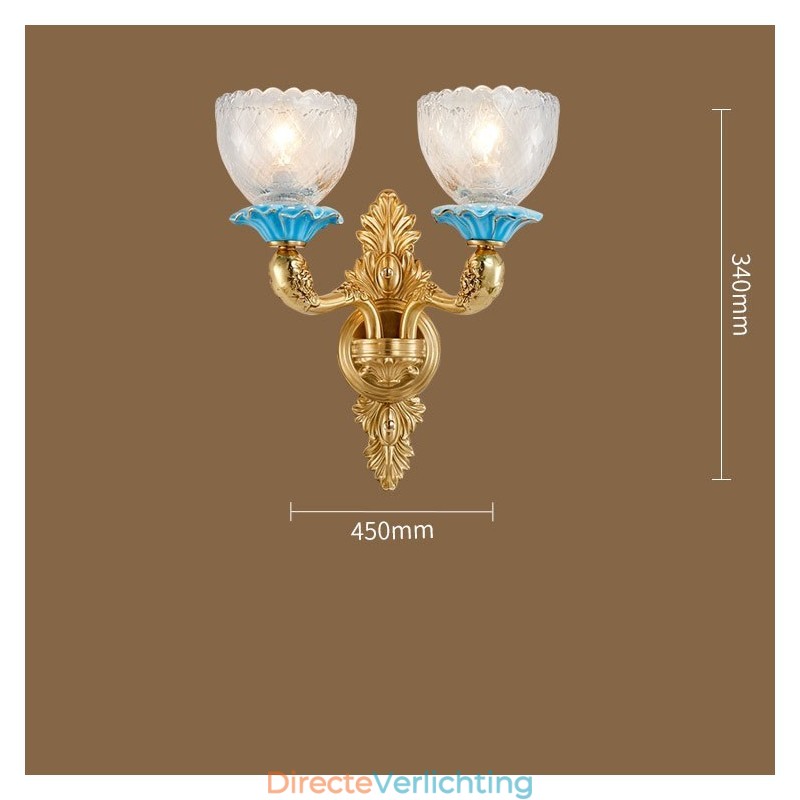 100% puur messing Luxe rustieke retro vintage messing keramiek 2 lichts kaars wandlamp met glazen kappen Speciaal voor hotel kantoor showroom woonkamer eetkamer