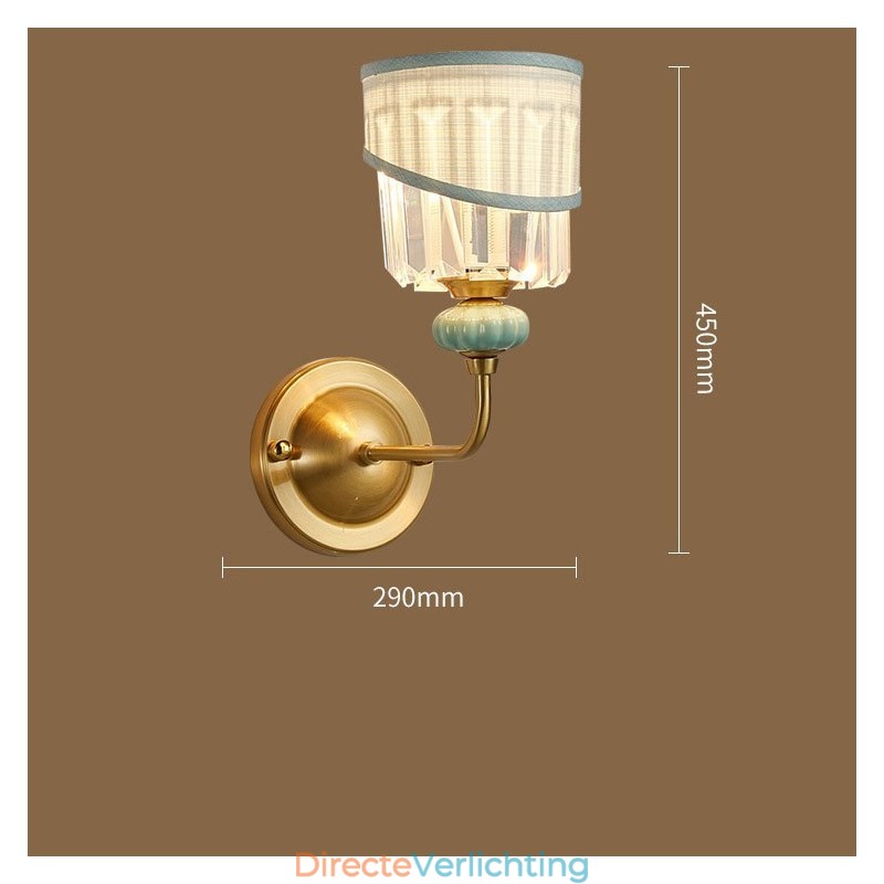 Puur messing luxe rustieke retro vintage messing keramiek 1 lichts kaars wandlamp met stoffen en kristallen kap speciaal voor hotel kantoor showroom woonkamer eetkamer