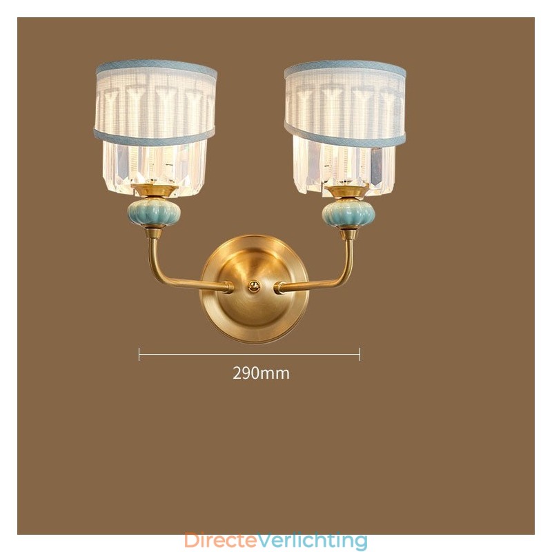 Puur messing luxe rustieke retro vintage messing keramiek 2 lichts kaars wandlamp met stoffen en kristallen kappen Speciaal voor hotel kantoor showroom woonkamer eetkamer