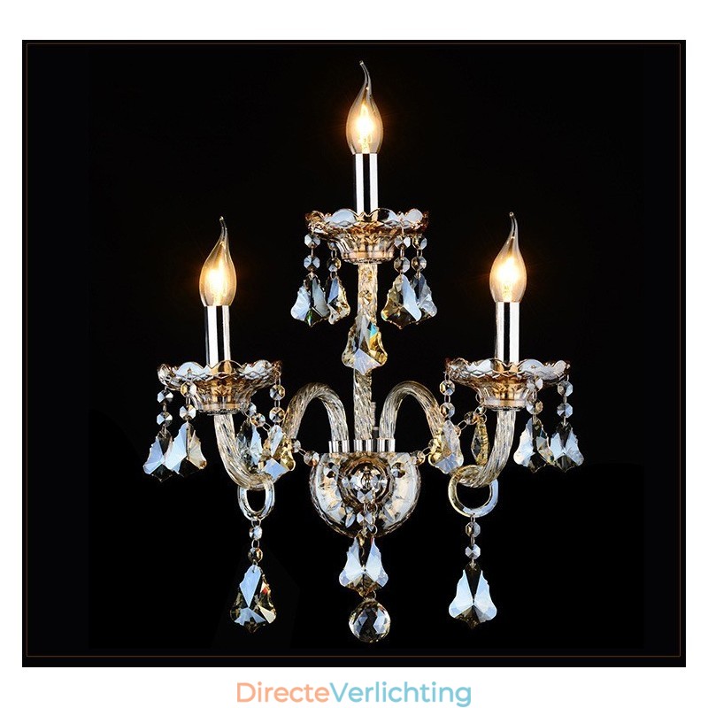 3-lichts bijpassende cognackleurige K9-kristallen kaars retro glazen wandlamp