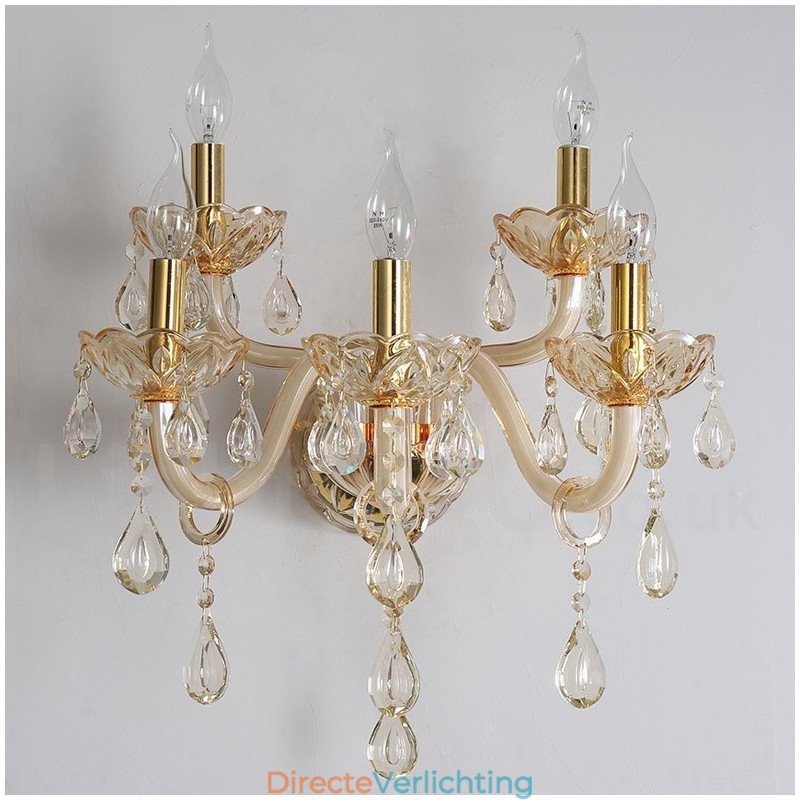 5-lichts gouden K9-kristalkaars retro glazen wandlamp