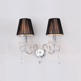 2-lichts chroomzilverkleurige K9-kristalkaars retro glazen wandlamp met zwarte stoffen kappen