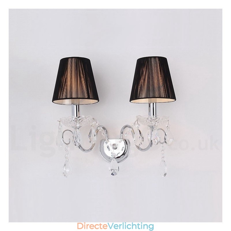 2-lichts chroomzilverkleurige K9-kristalkaars retro glazen wandlamp met zwarte stoffen kappen