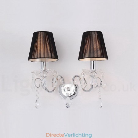 2-lichts chroomzilverkleurige K9-kristalkaars retro glazen wandlamp met zwarte stoffen kappen 2-lichts chroomzilverkleurige K9-kristalkaars retro glazen wandlamp met zwarte stoffen kappen