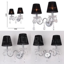 2-lichts chroomzilverkleurige K9-kristalkaars retro glazen wandlamp met zwarte stoffen kappen