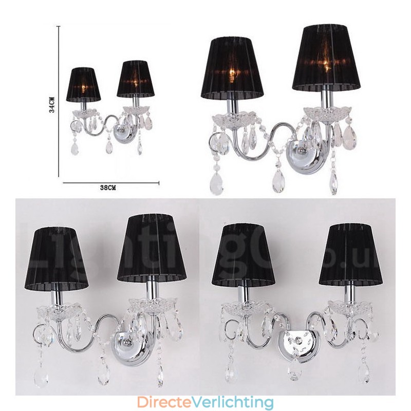2-lichts chroomzilverkleurige K9-kristalkaars retro glazen wandlamp met zwarte stoffen kappen