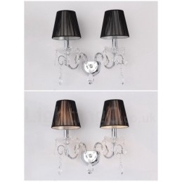 2-lichts chroomzilverkleurige K9-kristalkaars retro glazen wandlamp met zwarte stoffen kappen