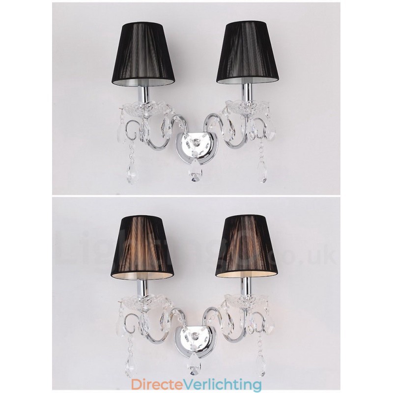 2-lichts chroomzilverkleurige K9-kristalkaars retro glazen wandlamp met zwarte stoffen kappen