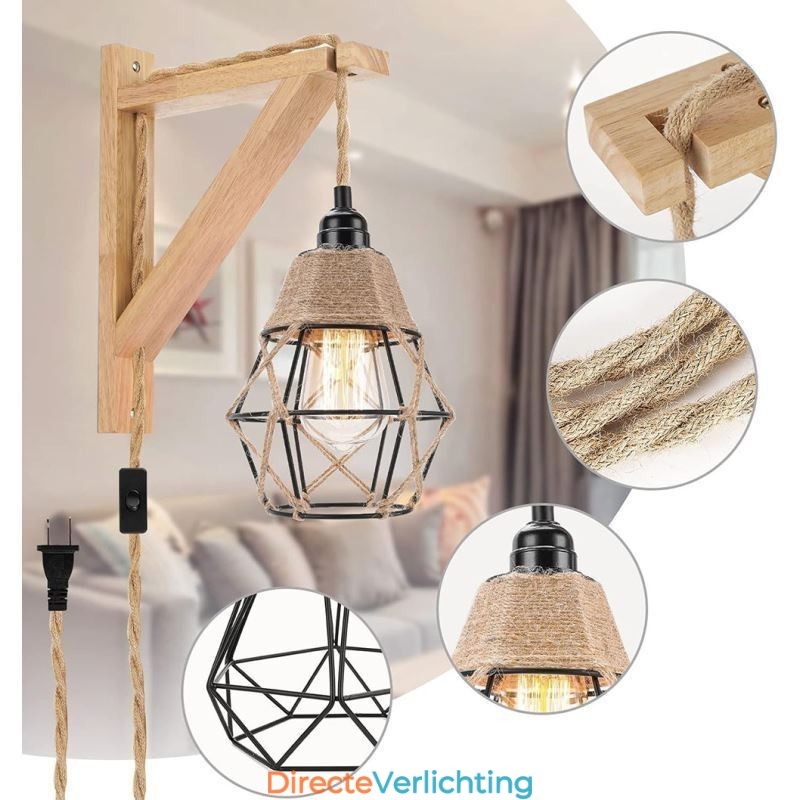 Henneptouw ijzeren kunst wandlamp Amerikaanse pastorale retro wandlamp met stekker