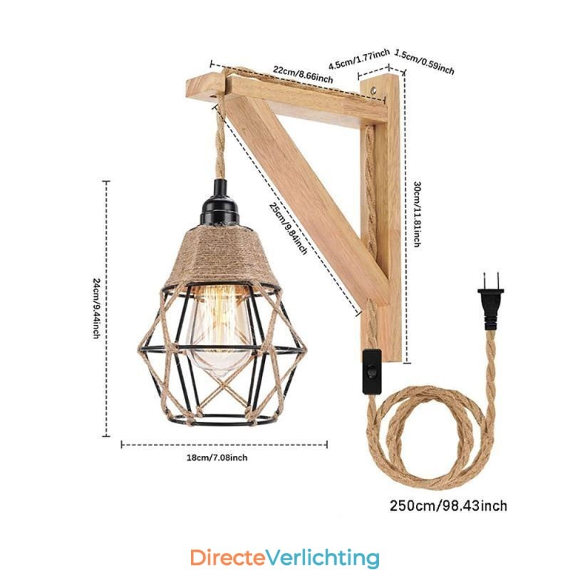 Henneptouw ijzeren kunst wandlamp Amerikaanse pastorale retro wandlamp met stekker