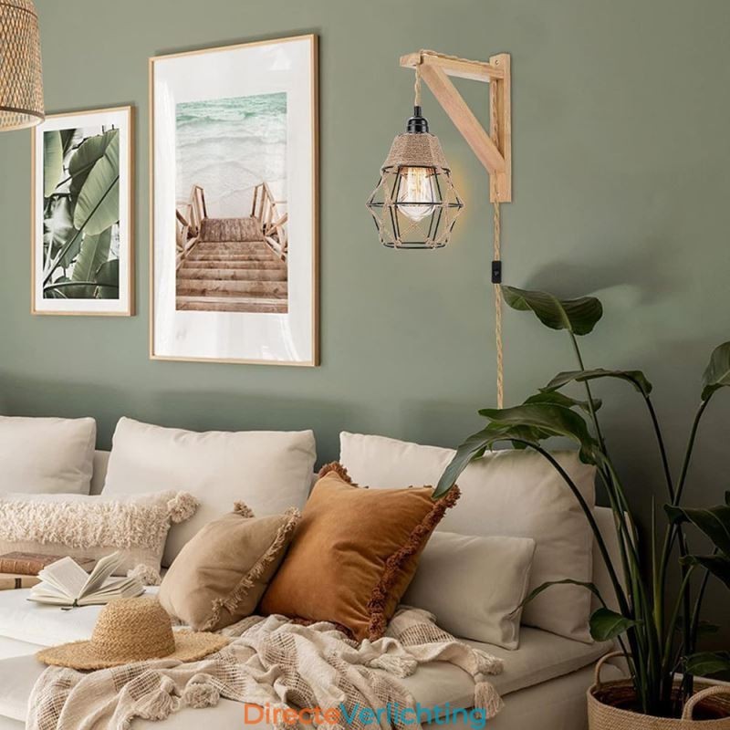 Henneptouw ijzeren kunst wandlamp Amerikaanse pastorale retro wandlamp met stekker