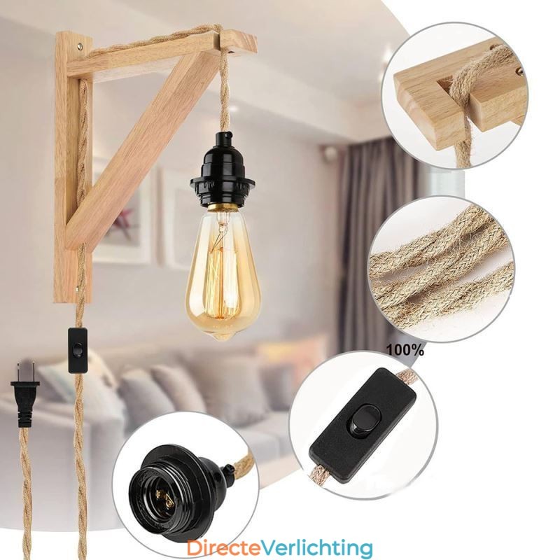 Wandlamp van massief hout, Amerikaanse pastorale retro wandlamp van henneptouw met stekker
