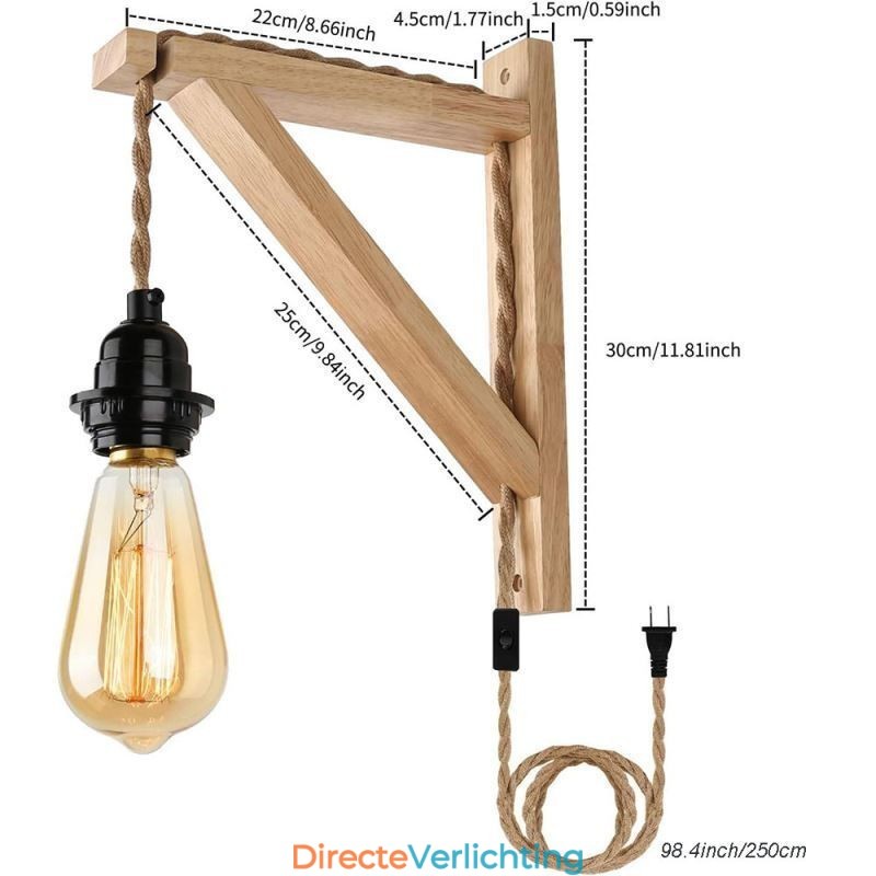 Wandlamp van massief hout, Amerikaanse pastorale retro wandlamp van henneptouw met stekker