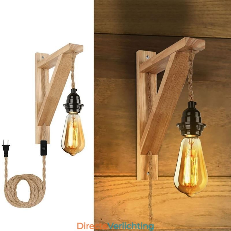 Wandlamp van massief hout, Amerikaanse pastorale retro wandlamp van henneptouw met stekker