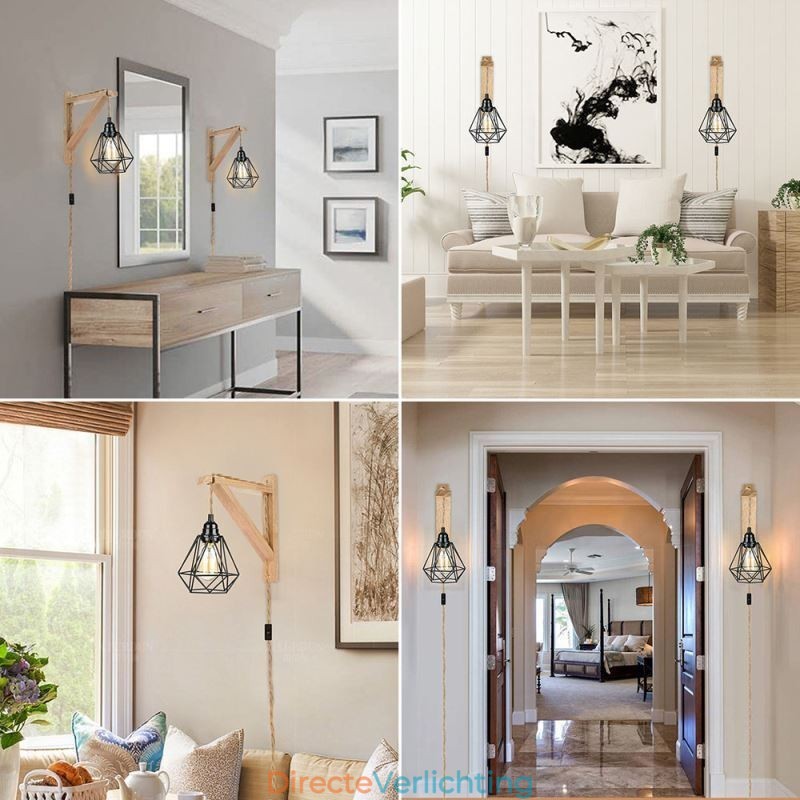 Amerikaanse Retro Wandlamp 2.5M Hennep Touw Hangdraad Zwarte IJzeren Geschilderde Lampenkap