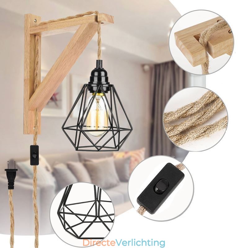 Amerikaanse Retro Wandlamp 2.5M Hennep Touw Hangdraad Zwarte IJzeren Geschilderde Lampenkap