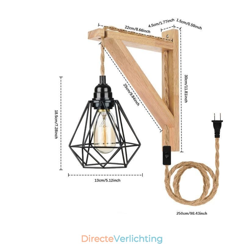 Amerikaanse Retro Wandlamp 2.5M Hennep Touw Hangdraad Zwarte IJzeren Geschilderde Lampenkap