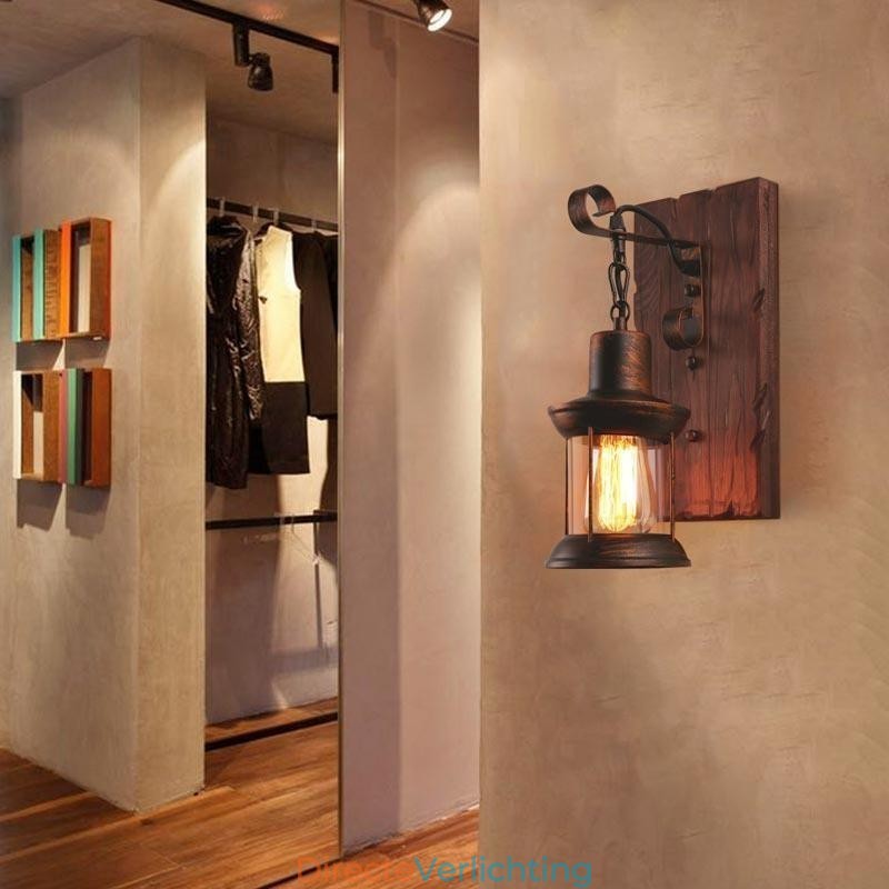 Amerikaanse Vintage Wandlamp Industriële LOFT Wandlamp Massief Houten Glazen Lamp Licht