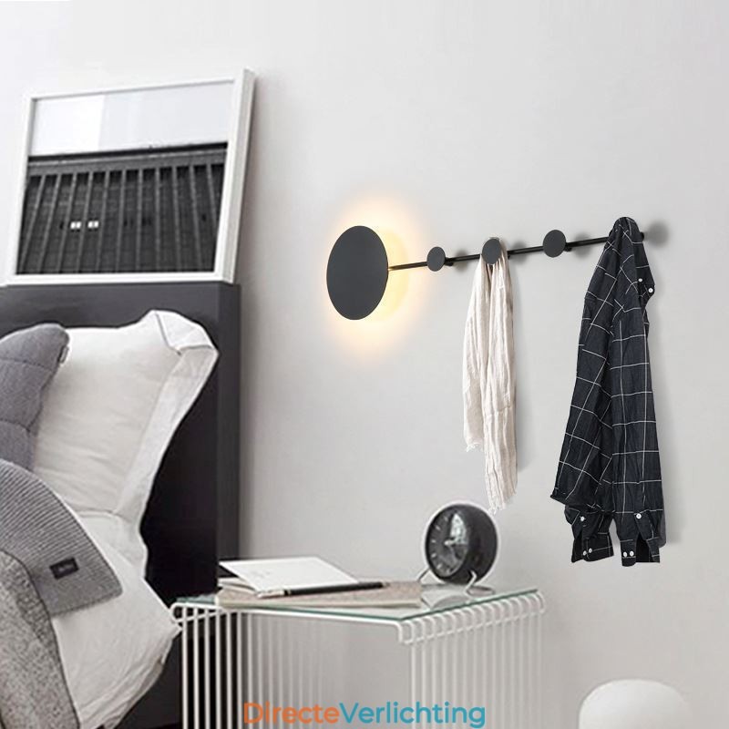 Moderne wandlamp, ronde wandlamp, zwarte haak, wandlamp, nachtkastjeverlichting