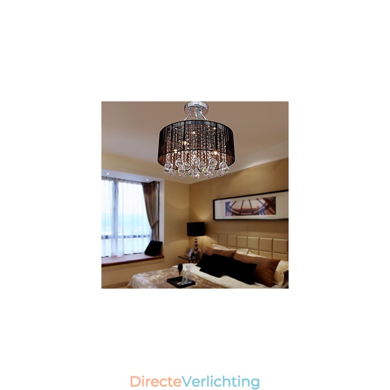 Moderne kristallen plafondlamp met 5 lampen, zwarte stoffen kap