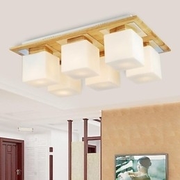 Eikenhouten plafondlamp met zes lampen, eiken en glas, 220~240V