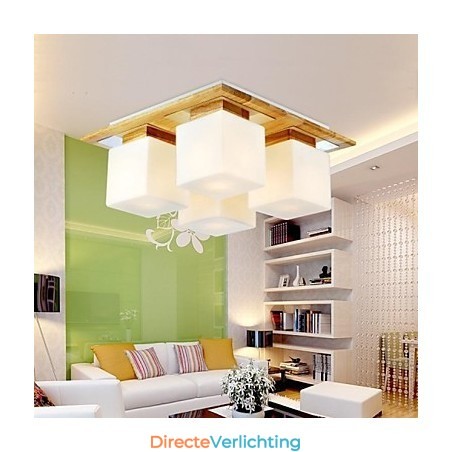 Eikenhouten plafondlamp met vier lampen, eiken en glas, 220~240V (HY9024) Eikenhouten plafondlamp met vier lampen, eiken en glas, 220~240V (HY9024)