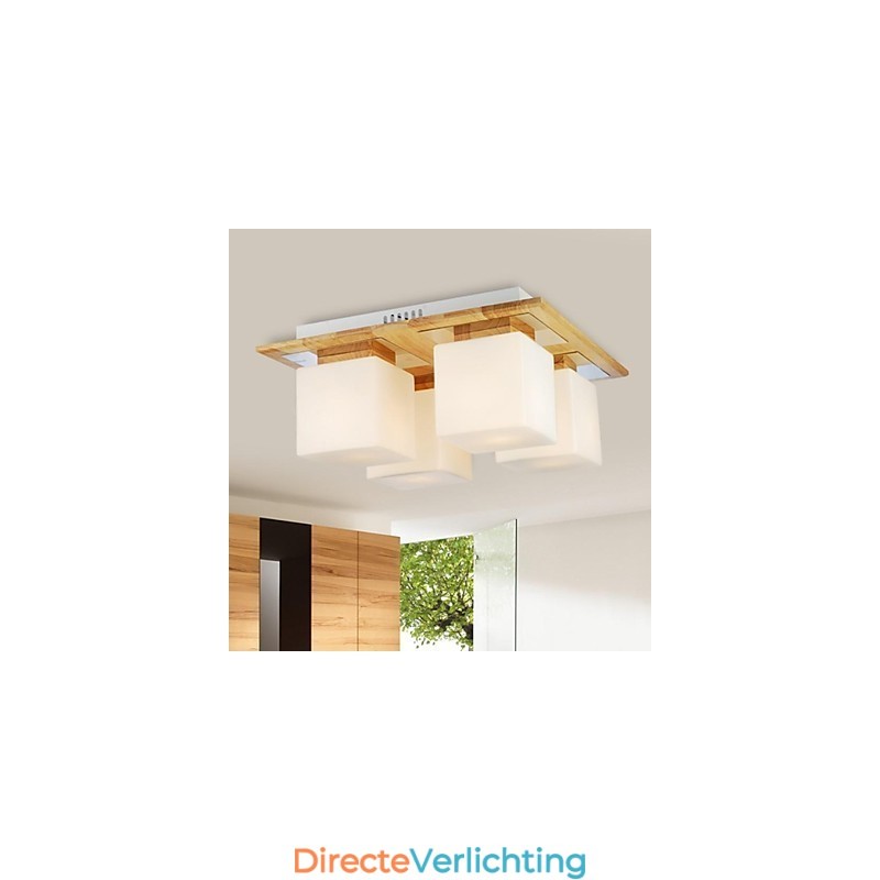 Eikenhouten plafondlamp met vier lampen, eiken en glas, 220~240V (HY9024)