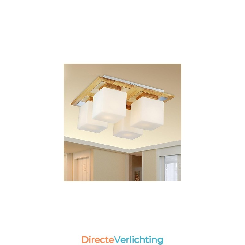 Eikenhouten plafondlamp met vier lampen, eiken en glas, 220~240V (HY9024)