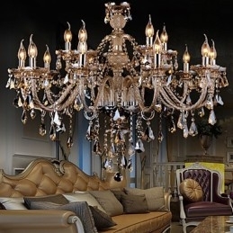 Kroonluchter Kristal Cognac Kleur Luxe Modern 2 Lagen Woonkamer 15 Lampen