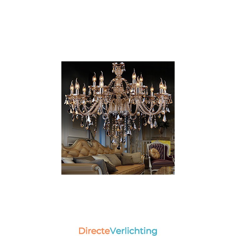 Kroonluchter Kristal Cognac Kleur Luxe Modern 2 Lagen Woonkamer 15 Lampen