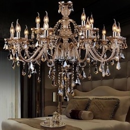 Kroonluchter Kristal Cognac Kleur Luxe Modern 2 Lagen Woonkamer 15 Lampen