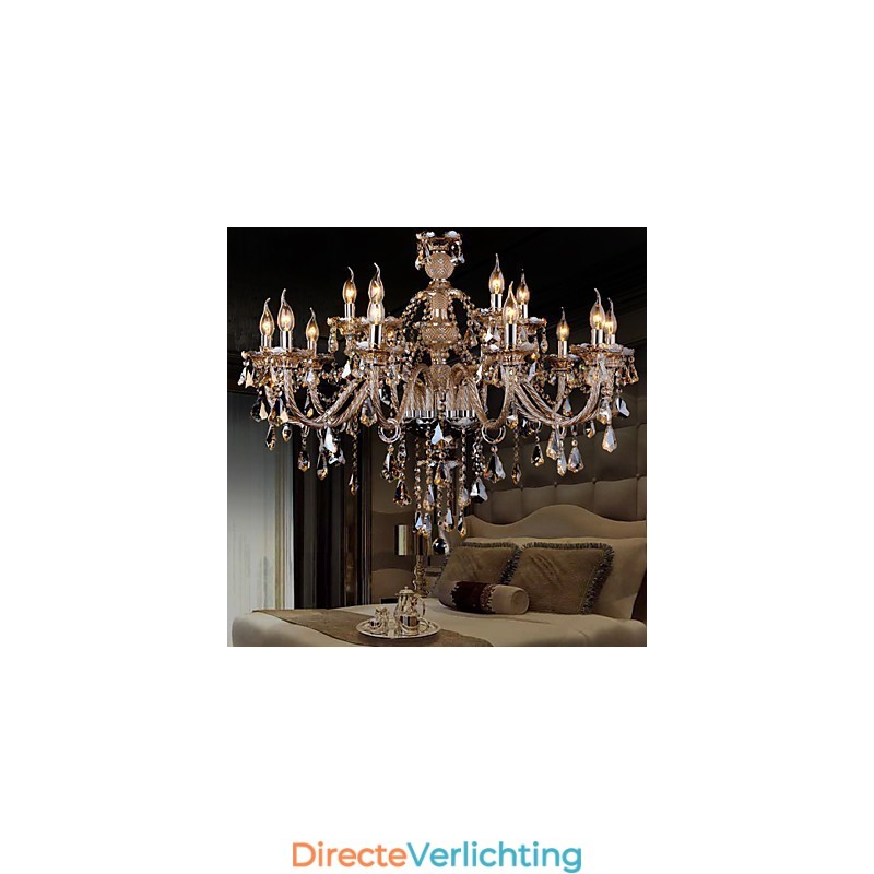 Kroonluchter Kristal Cognac Kleur Luxe Modern 2 Lagen Woonkamer 15 Lampen