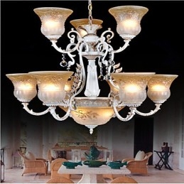 Witte kroonluchter met twaalf lampen, patroon, glazen kap, handverguld, Europees retro klassiek