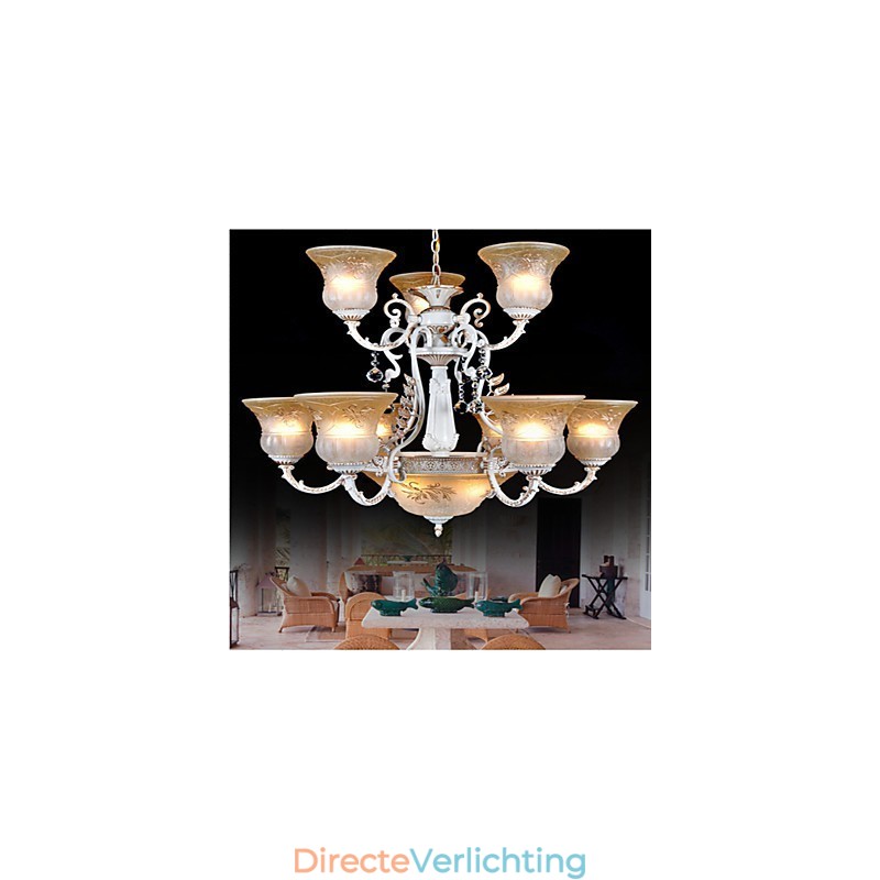 Witte kroonluchter met twaalf lampen, patroon, glazen kap, handverguld, Europees retro klassiek