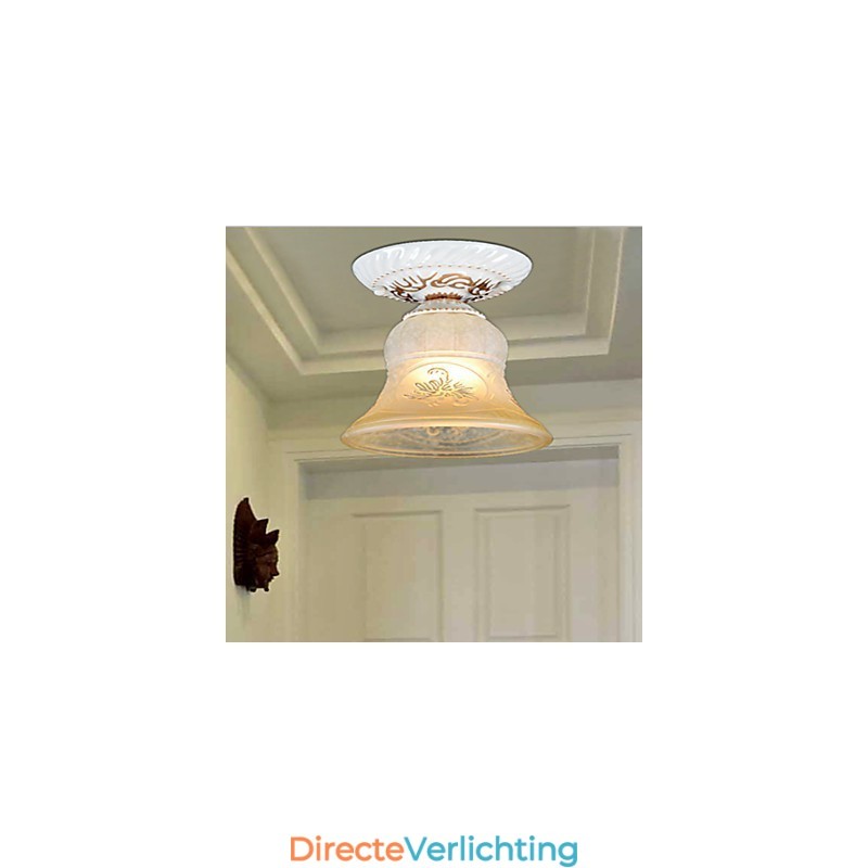 Witte plafondlamp met patroon en glazen kap, handverguld, Europees retro klassiek